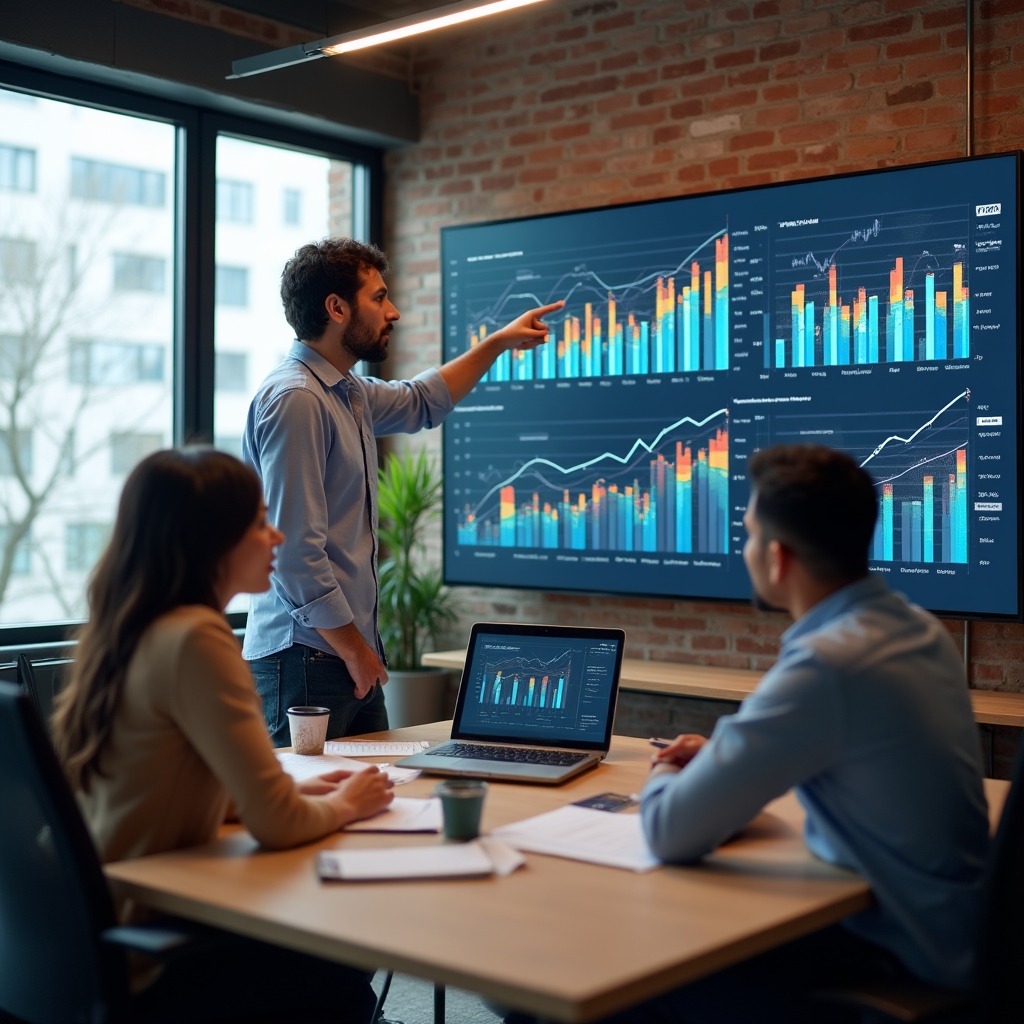 Analytik ukazuje kolegům graf na obrazovce během interního workshopu o prezentaci dat